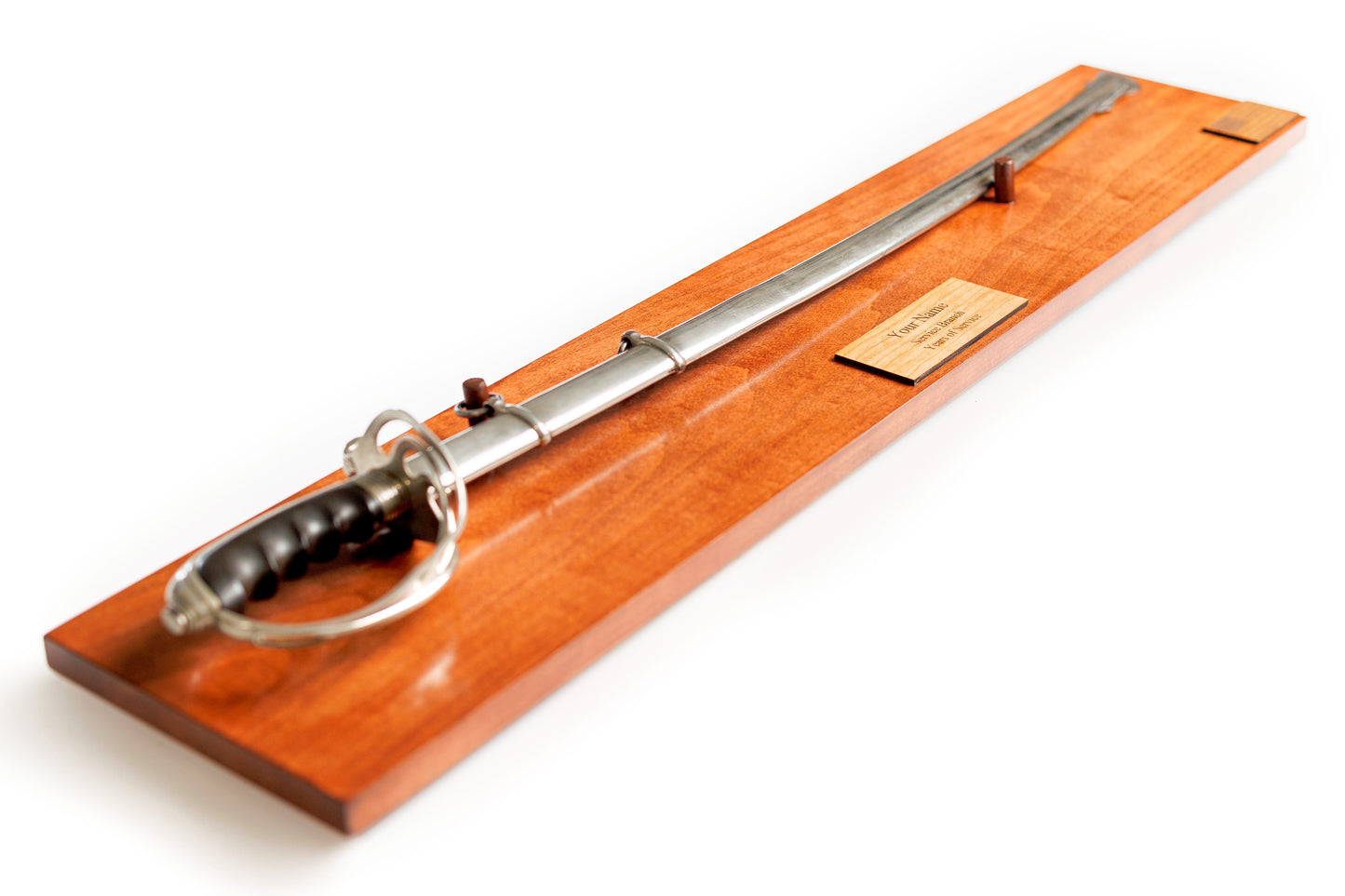 U.S. Army Officer Sword Display, handcrafted from solid wood with a personalized engraved nameplate.