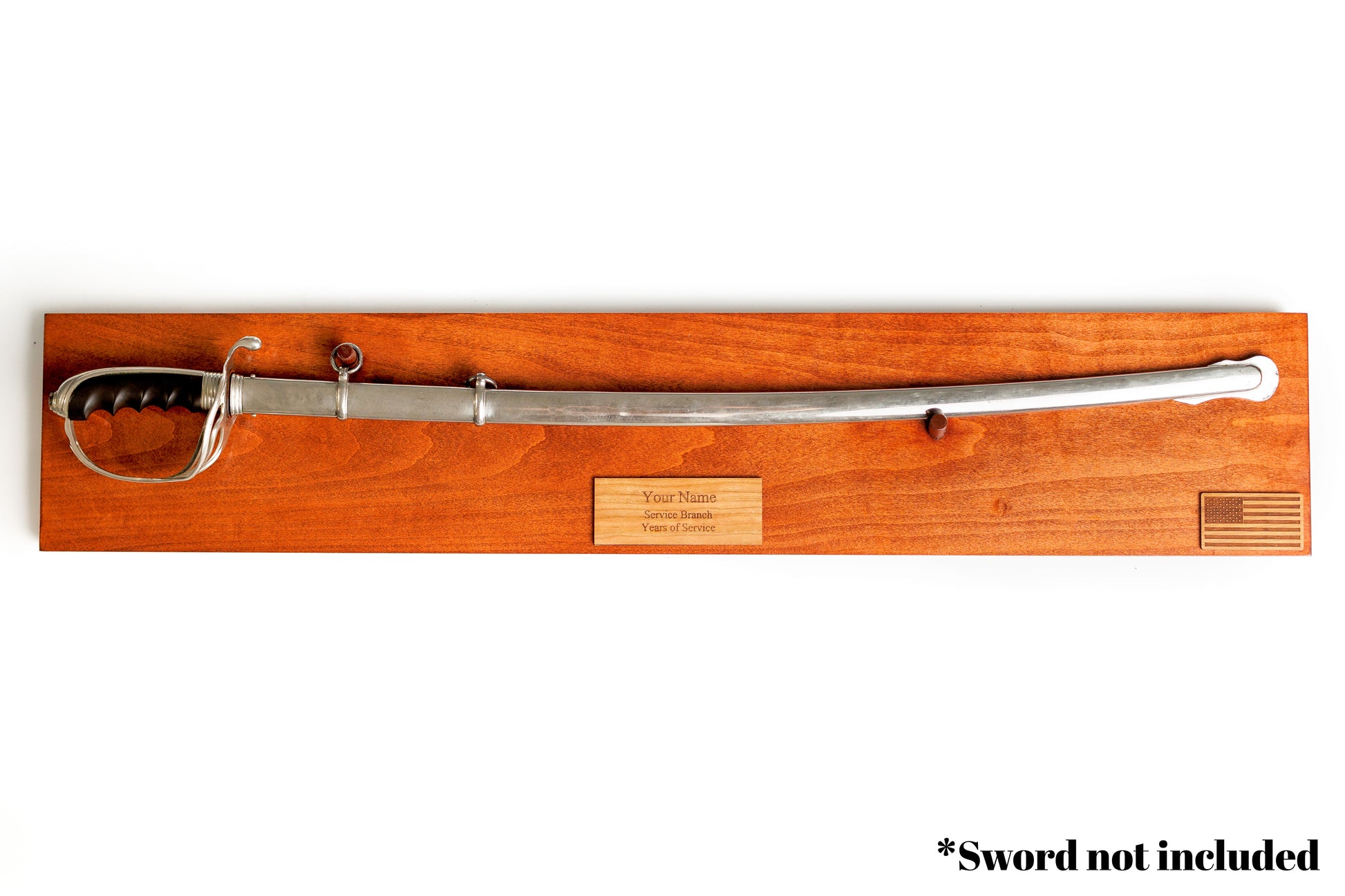 U.S. Army Officer Sword Display, handcrafted from solid wood with a personalized engraved nameplate.