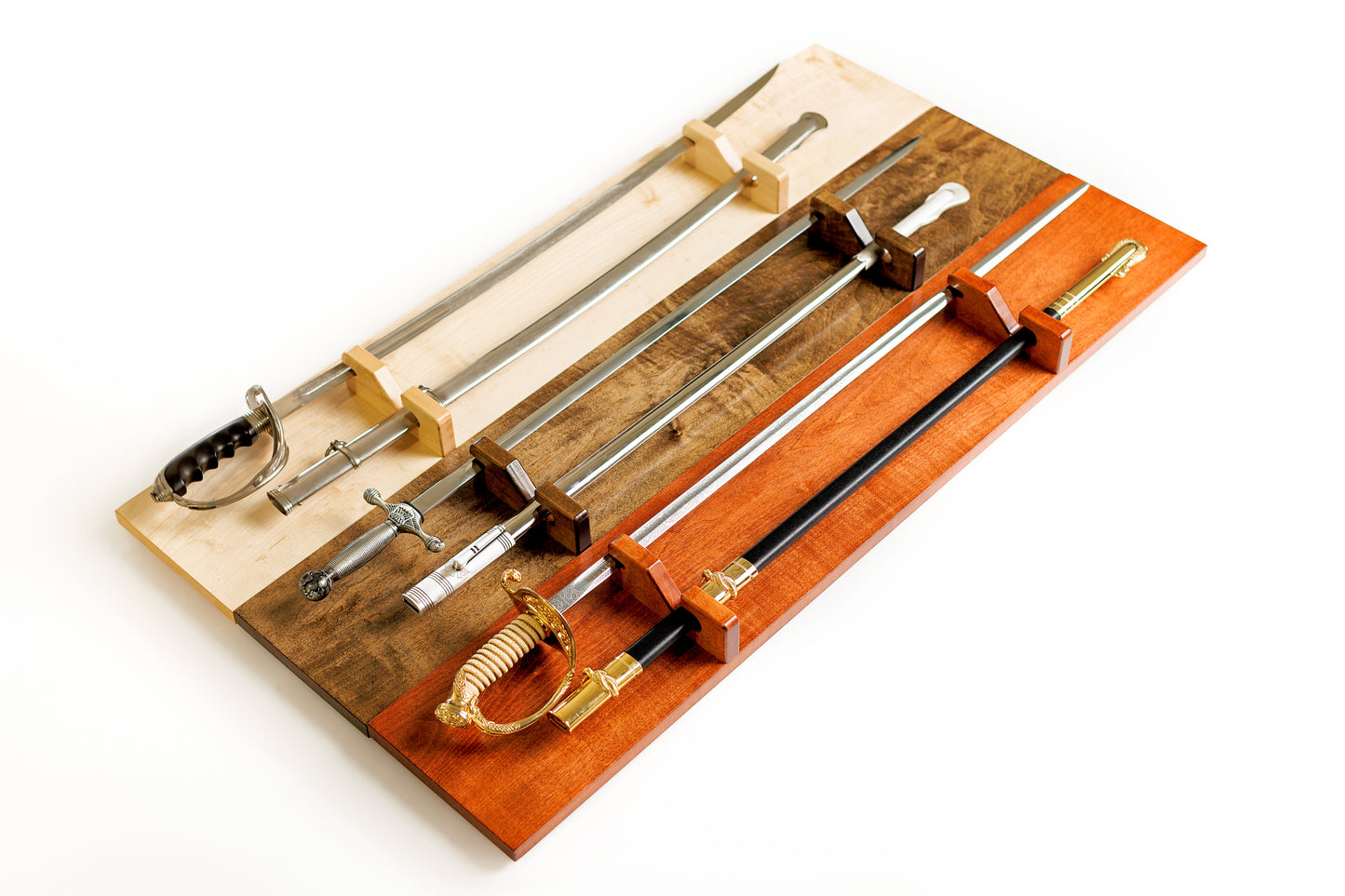 Universal Military Sword Display in Cognac finish, handcrafted from solid wood with a personalized nameplate.