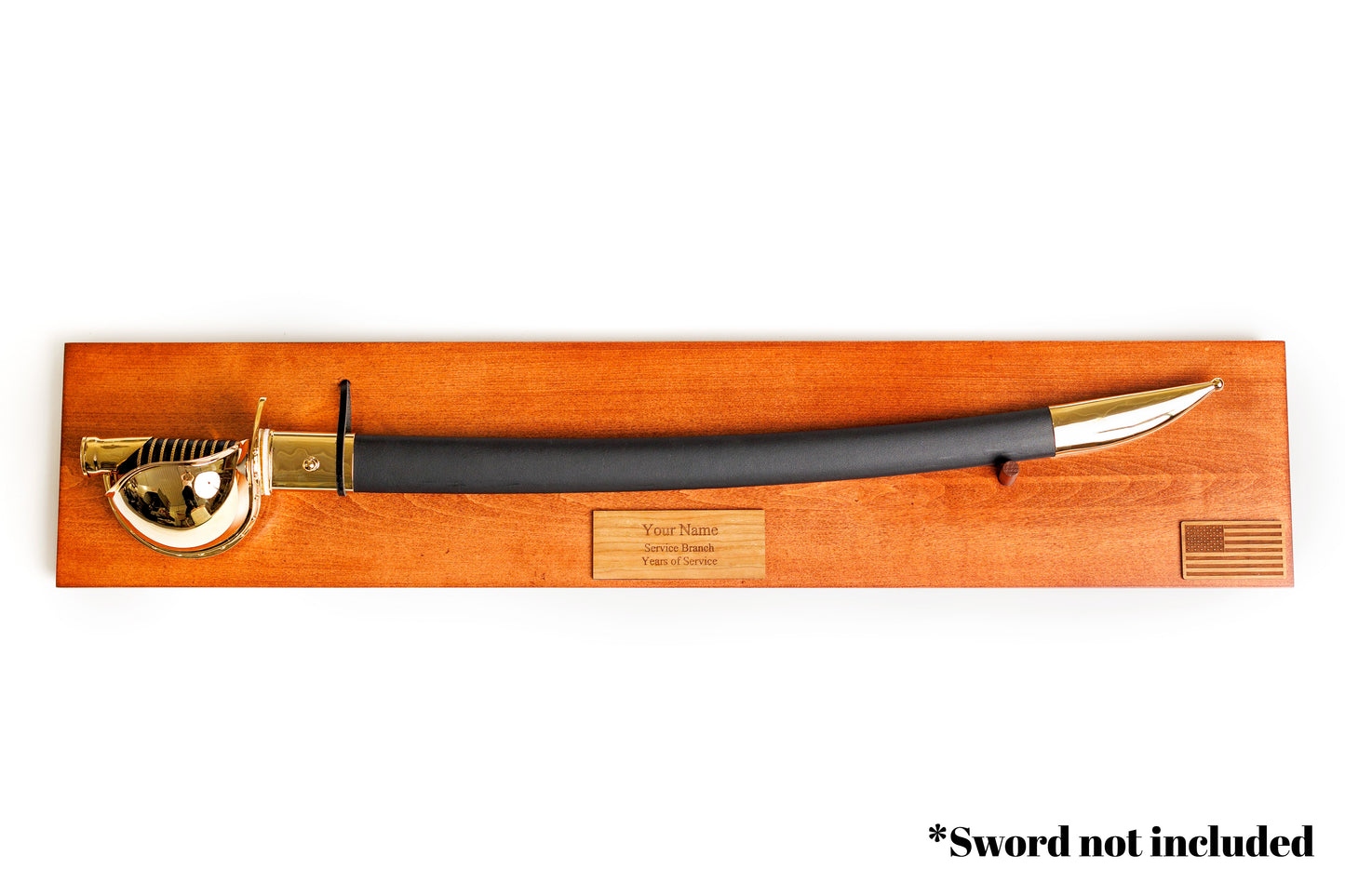 U.S. Navy Chief Cutlass Display in Cognac finish with a personalized engraved nameplate, shown with a sword.