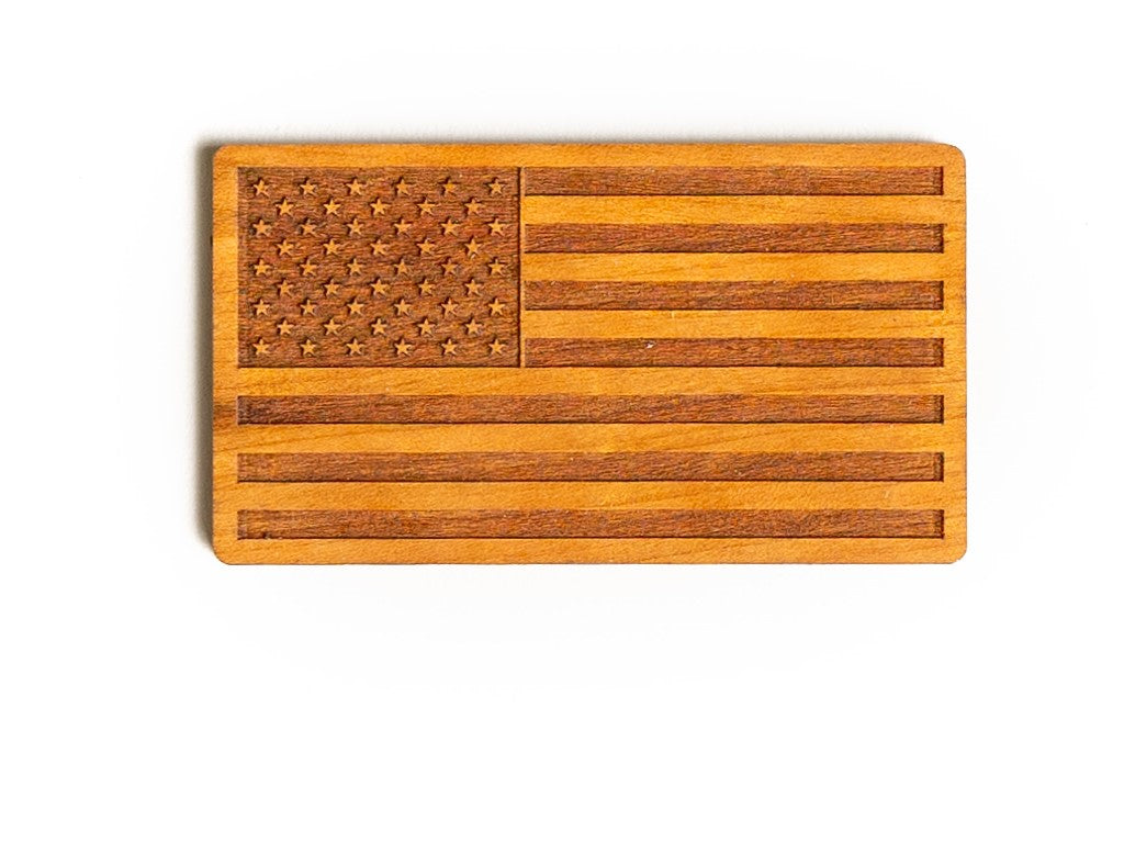 The Navy Diver knife display shown with the included engraved wooden U.S. Flag, making a complete patriotic gift set.