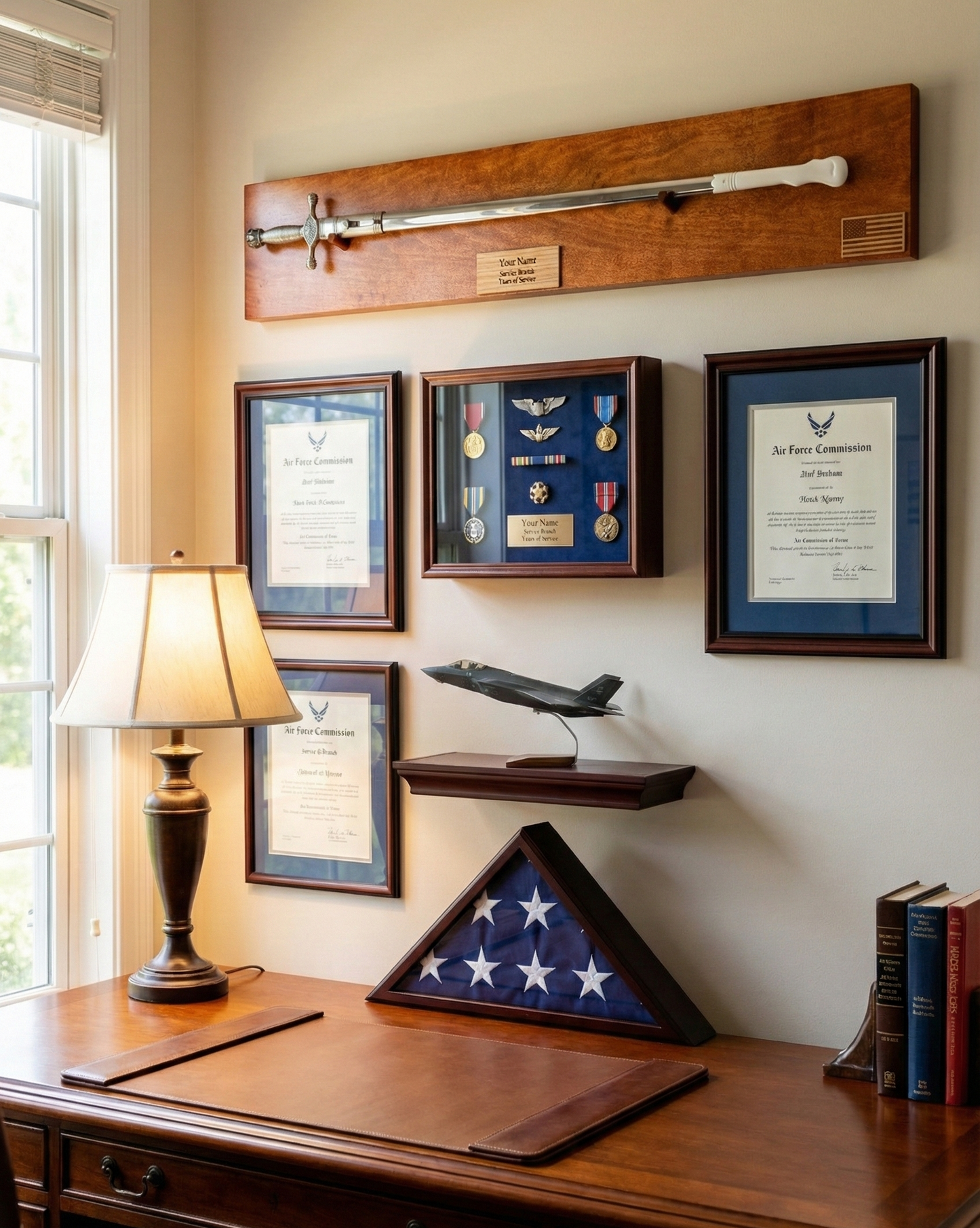 Air Force Officer Sword display made of solid wood in cognac color.  It includes an engraved wooden nameplate.
