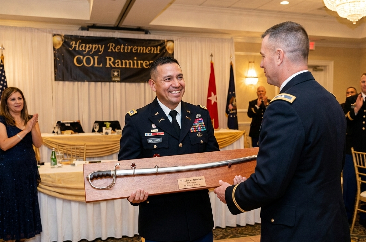 U.S. Army Officer Sword Display, handcrafted from solid wood with a personalized engraved nameplate.