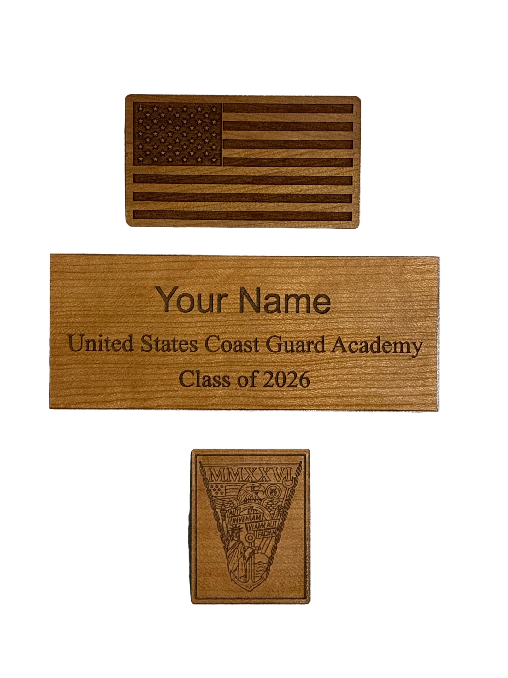 U.S. Flag, Coast Guard Academy Class of 2026 personalized nameplate, and Class of 2026 Crest