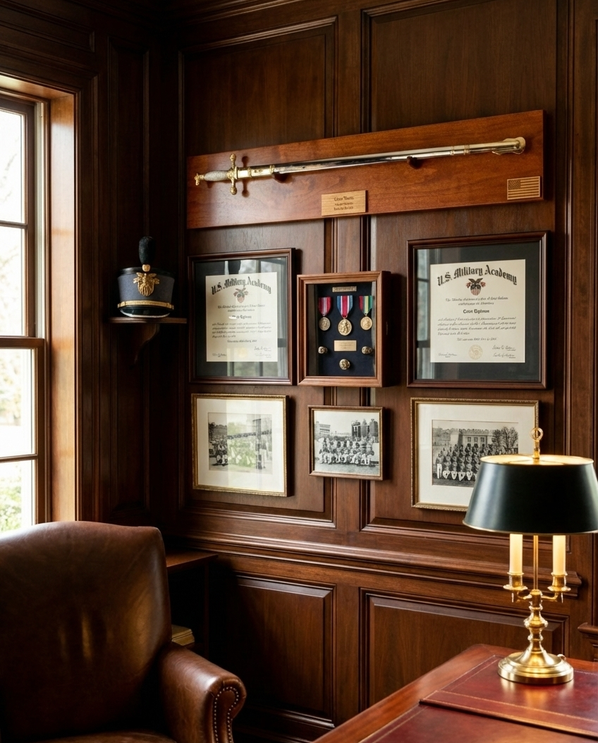 Cadet Sword Display on an office wall with military memorabilia.