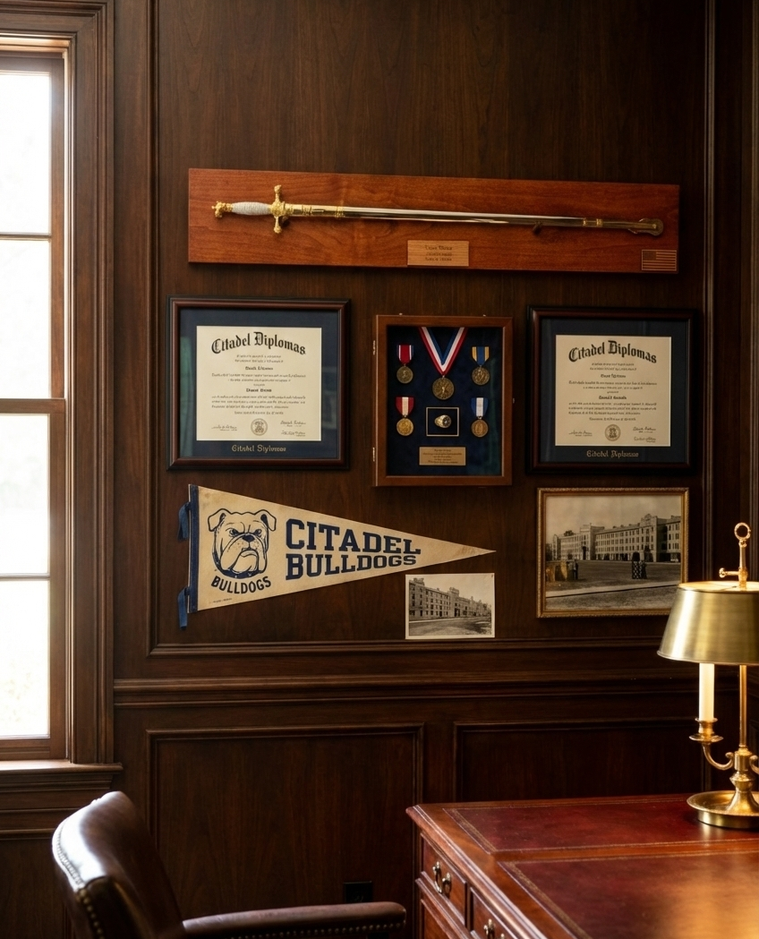 The Citadel Saber Display in Cognac finish with a personalized engraved nameplate, shown with a cadet sword.