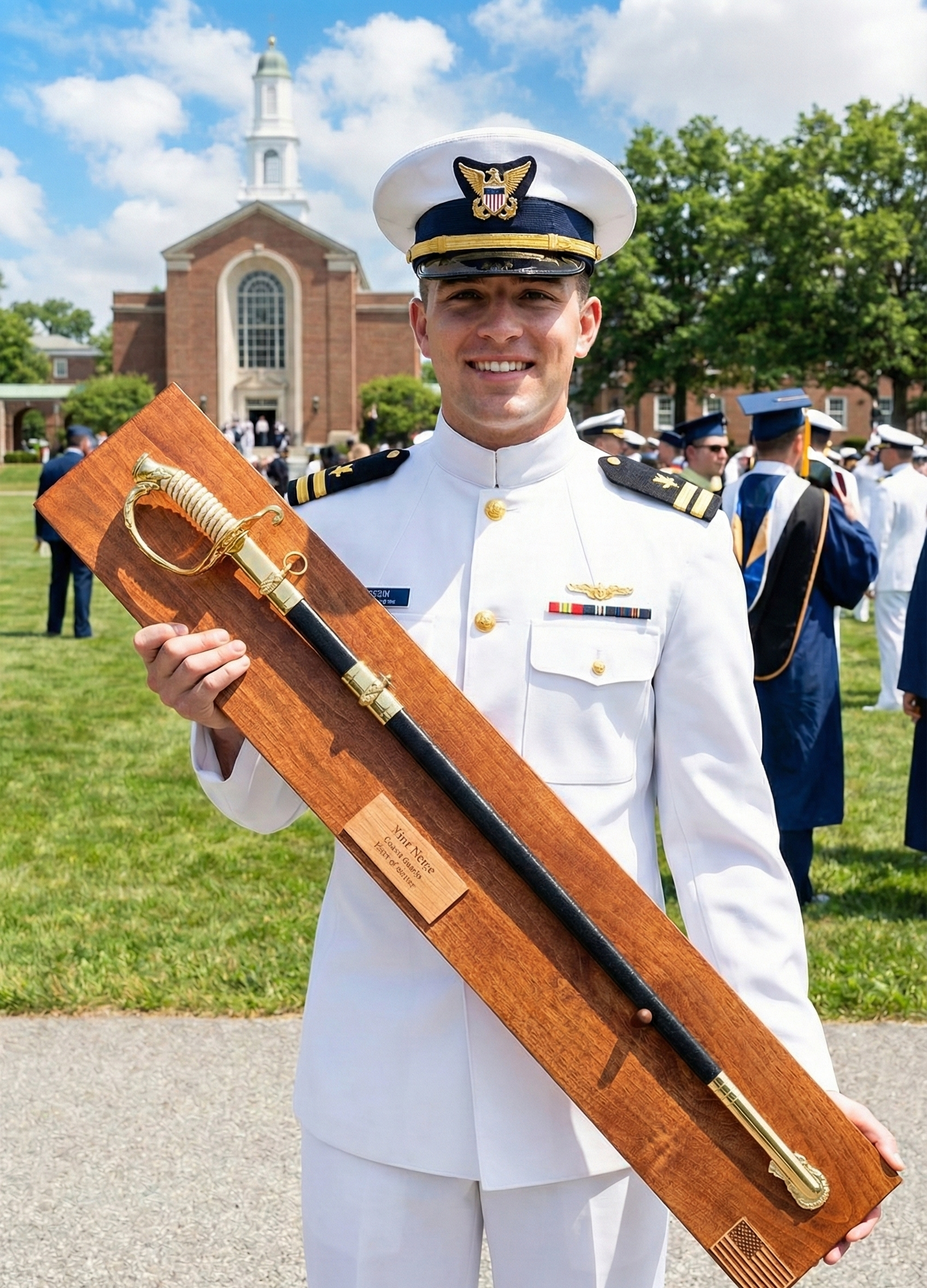 Coast Guard Officer holding a handmade military sword display as a gift from commissioning.