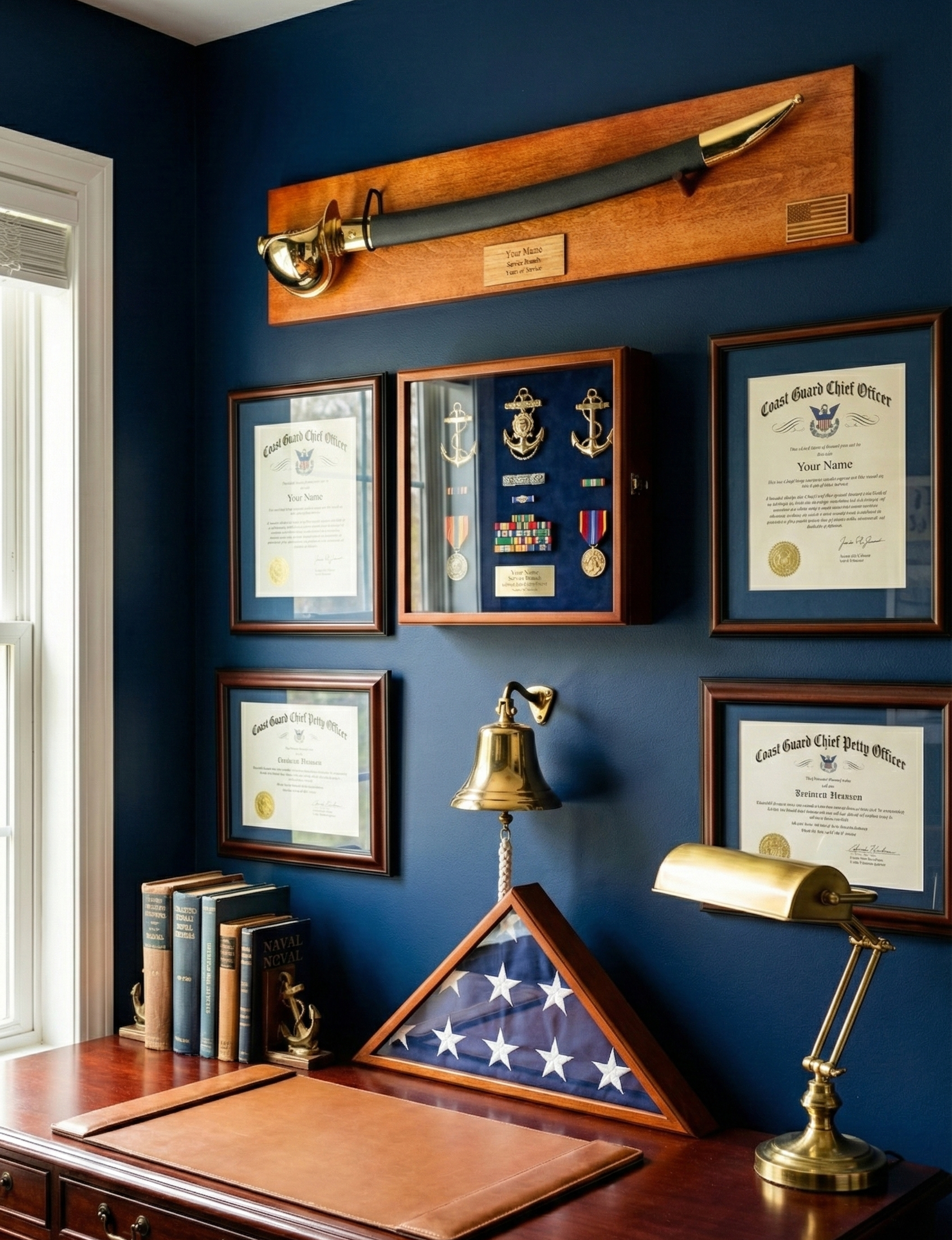 Coast Guard Chief Petty Officer Cutlass mounted on a custom wooden wall display in a home office setting, surrounded by USCG memorabilia.
