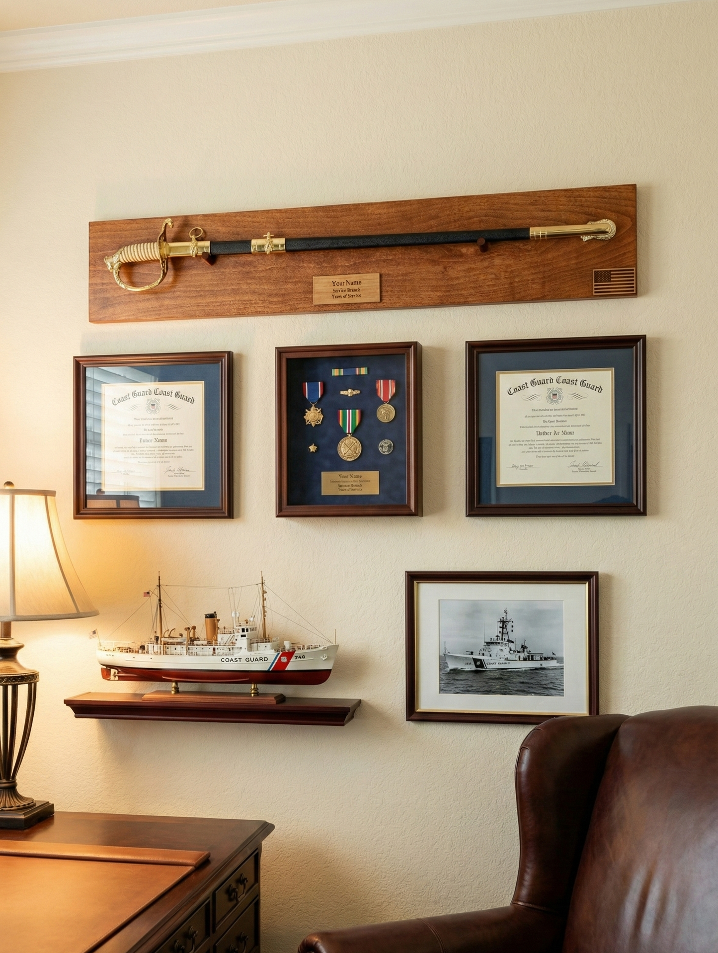 U.S. Coast Guard Officer Sword Display in Cognac finish with a personalized nameplate, shown on a wall.