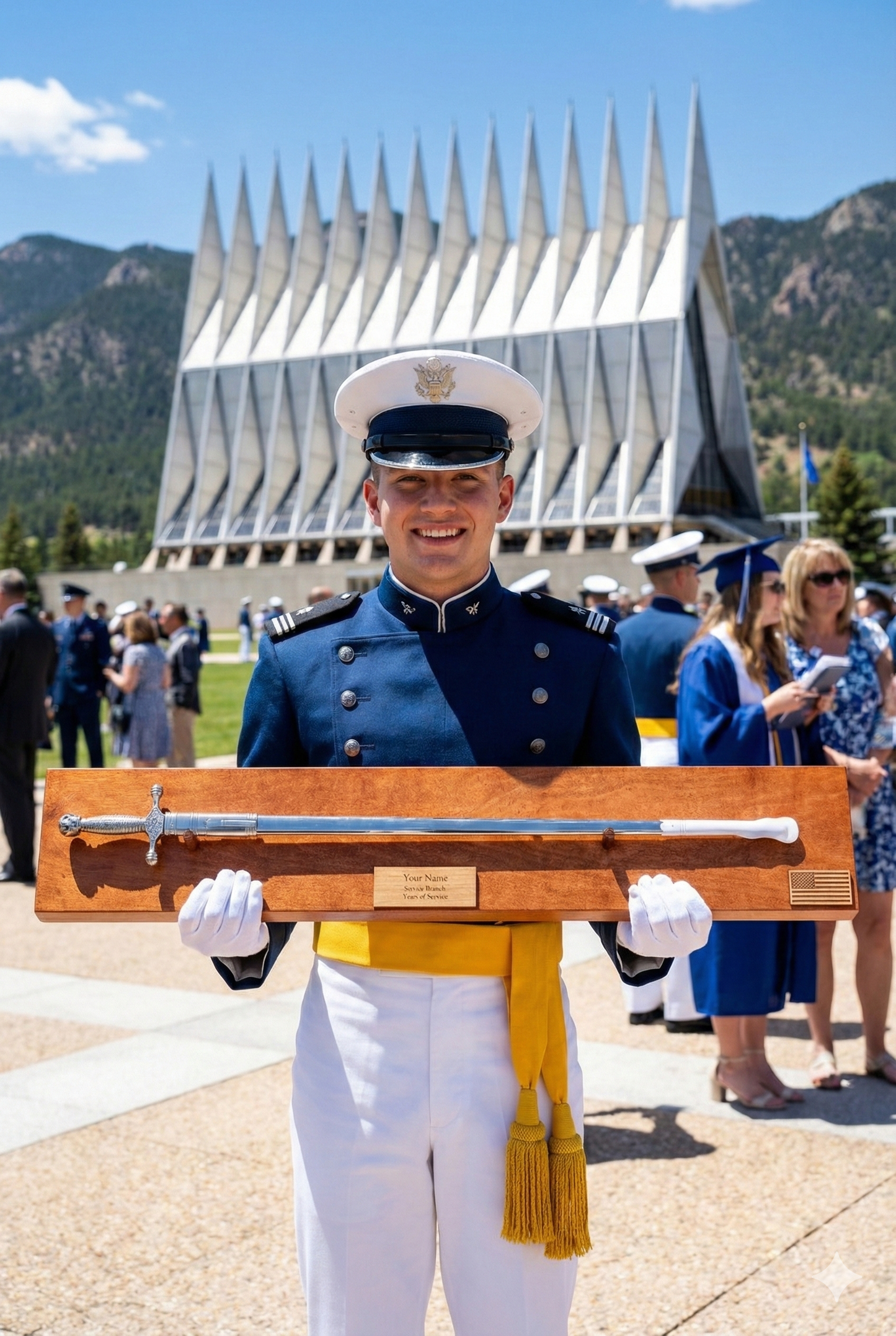 Air Force Academy Cadet with a Air Force Saber Display as a graduation gift.