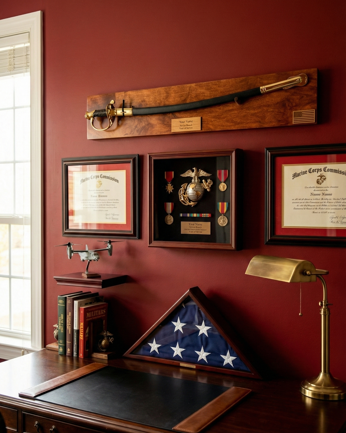 Marine NCO Sword display, cognac in color, with a wooden engraved nameplate, made out of solid maple hardwood.