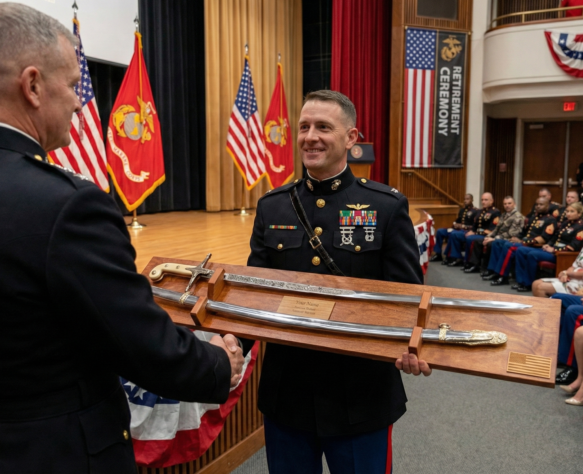 Marine officer with Universal Sword display as a gift at a retirement ceremony.
