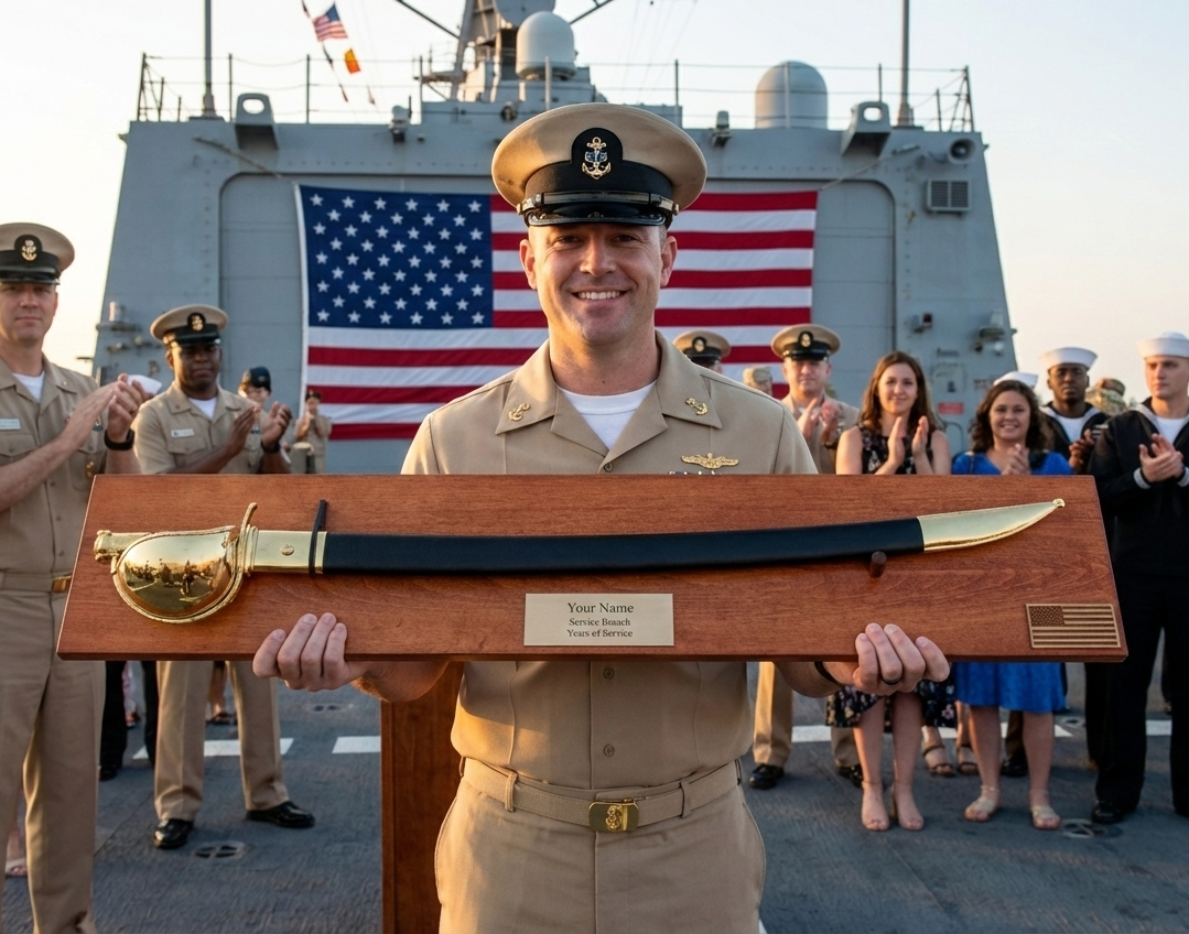 Navy Chief at pinning with a CPO cutlass display.