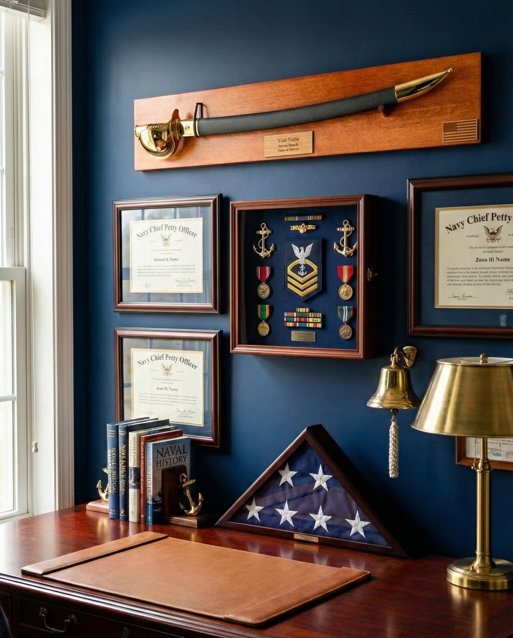 Navy Chief Petty Officer Cutlass mounted on a custom wooden wall display in a home office setting, surrounded by Navy memorabilia.