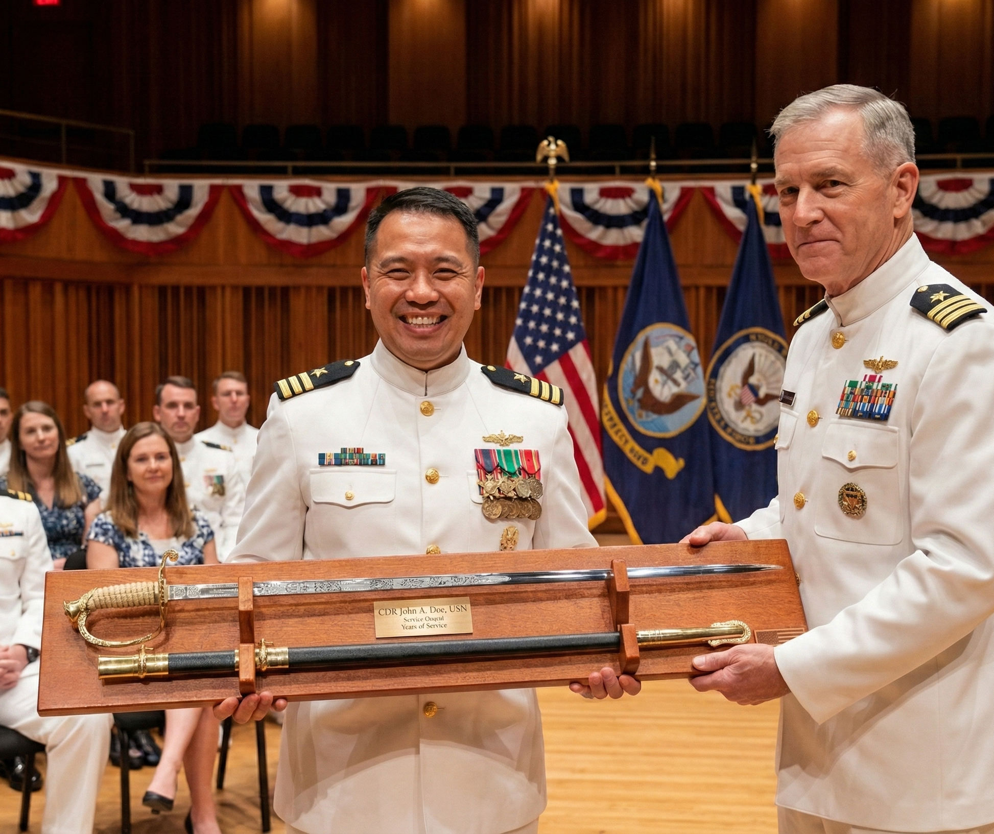 Navy officer with Universal Sword display as a gift at a retirement ceremony.